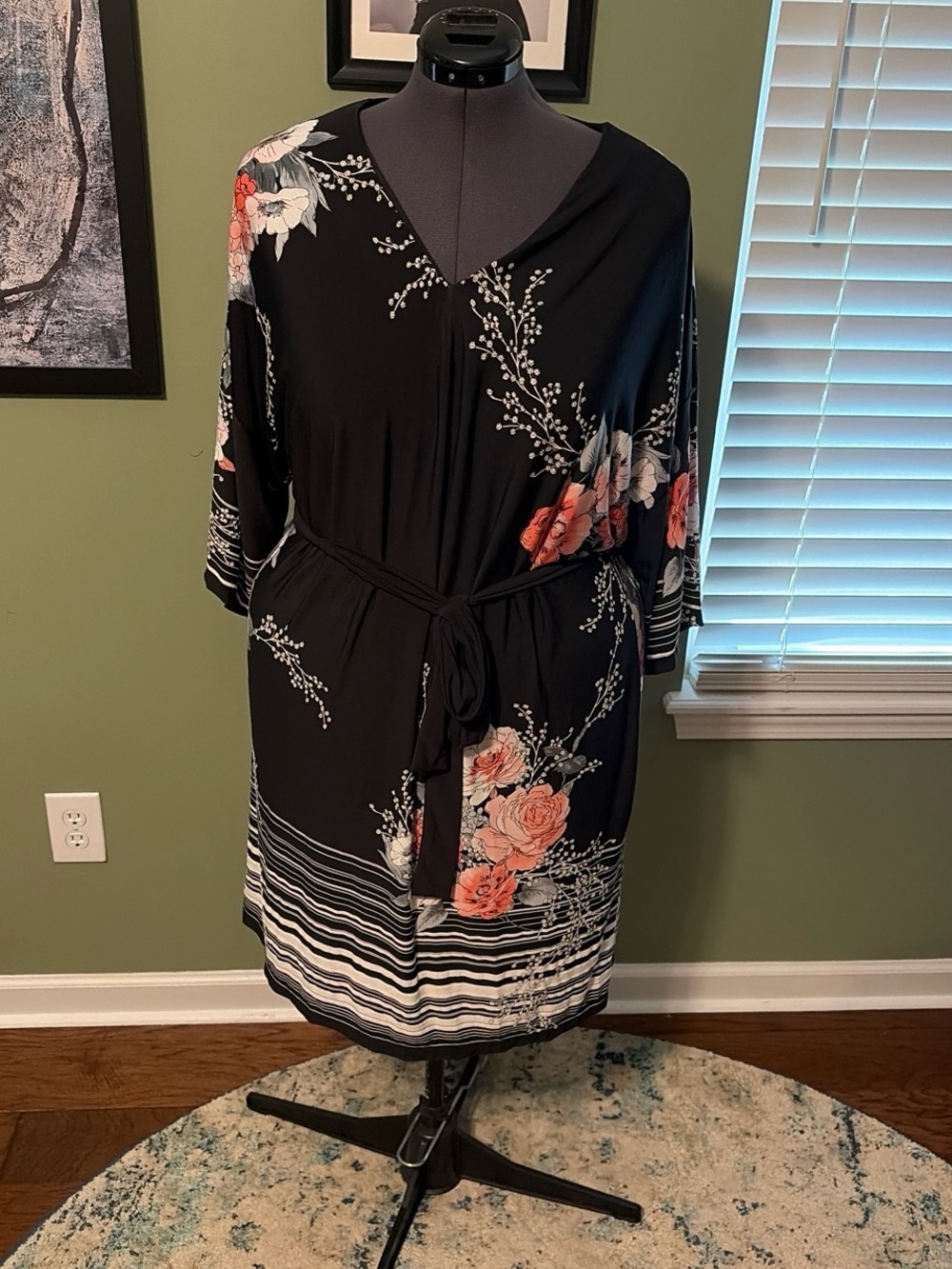 Lane Bryant Black Floral Wrap Dress with Coral Roses